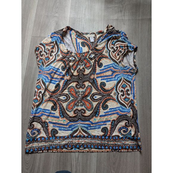 Chicos Multicolor Paisley Print Short Sleeve Top Size 3 Womens Lightweight Casua - Picture 3 of 6